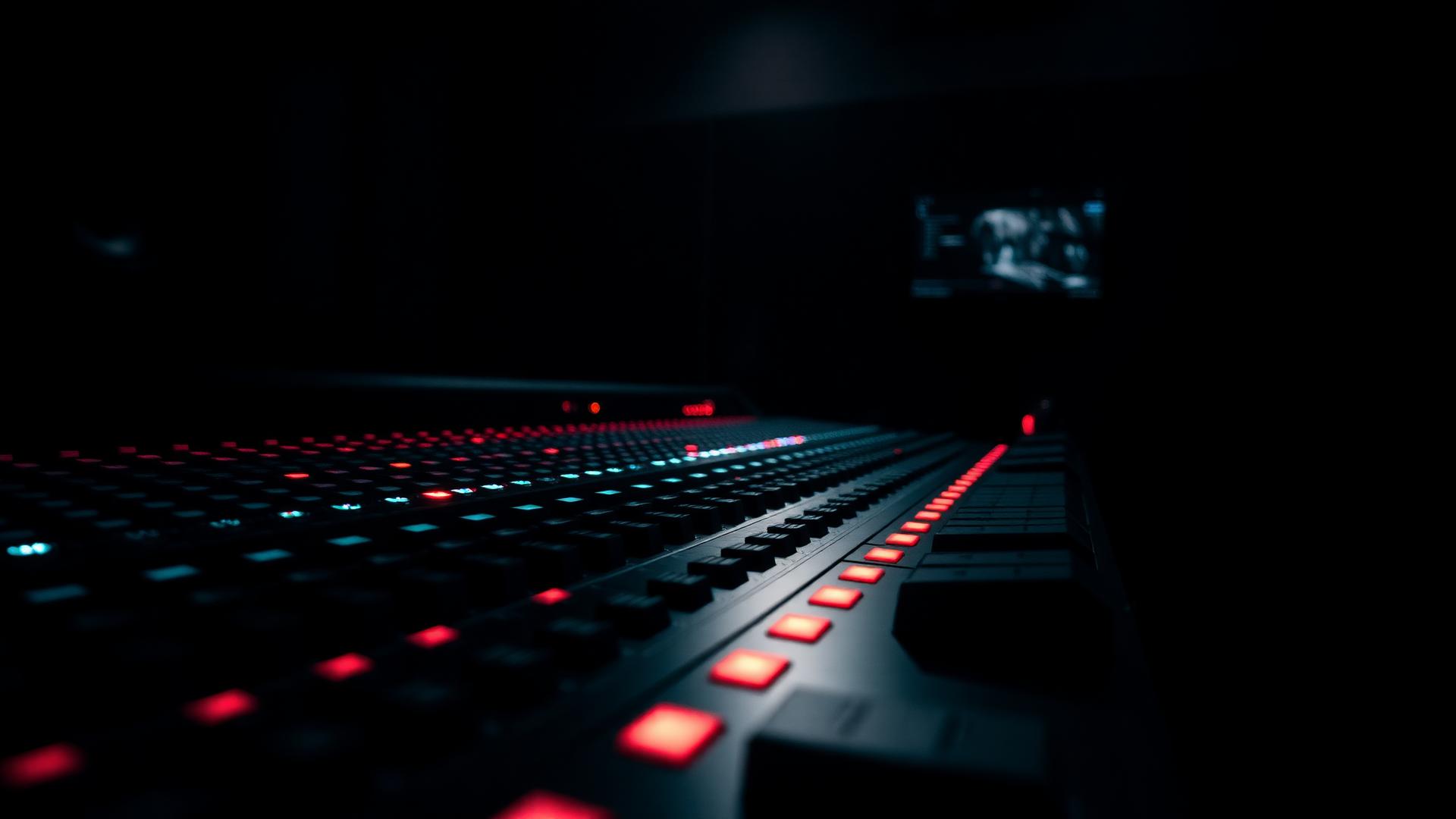 Professional audio mixing console illuminated in a dark control room
